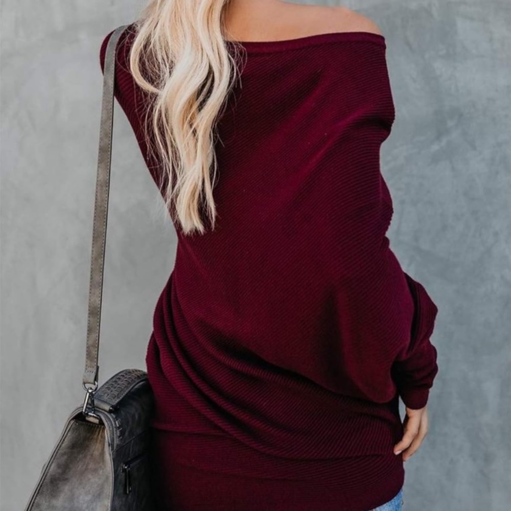 women off shoulder burgundy sweater tops loose casual knit